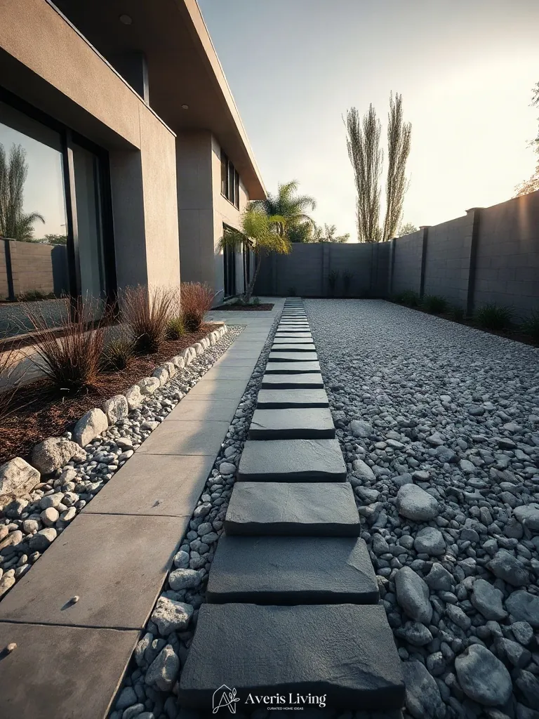 Modern backyard stepping stones design integrated with clean metal landscape borders