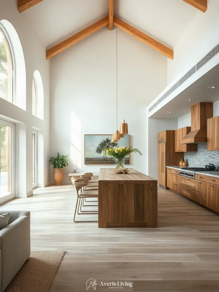 Open-concept living space highlighting the connection to a rustic wood kitchen island.