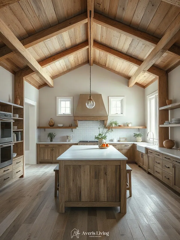 Central kitchen island layout in an open shelving farmhouse kitchen
