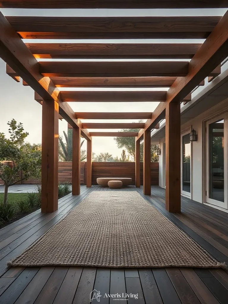 Timber pergola framing an outdoor rug boho style seating space