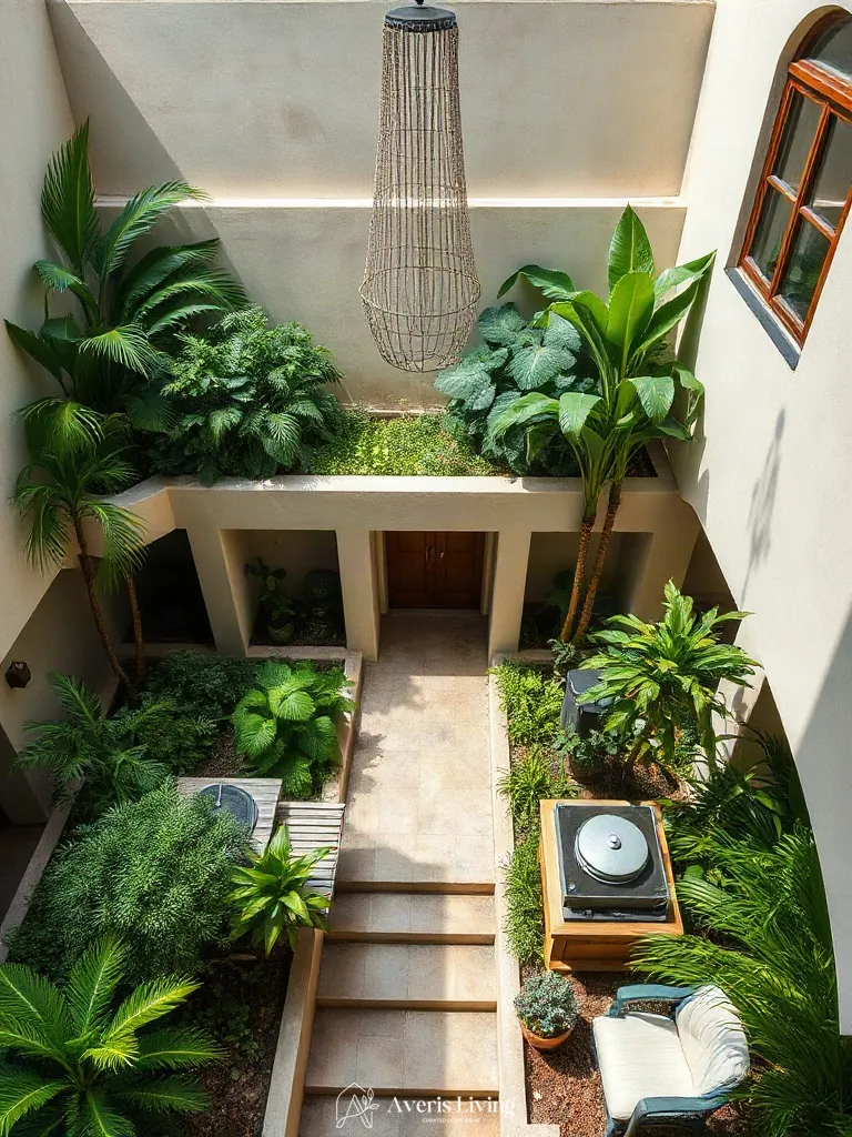 Integrated utility and prep stations in a tropical backyard herb garden before and after