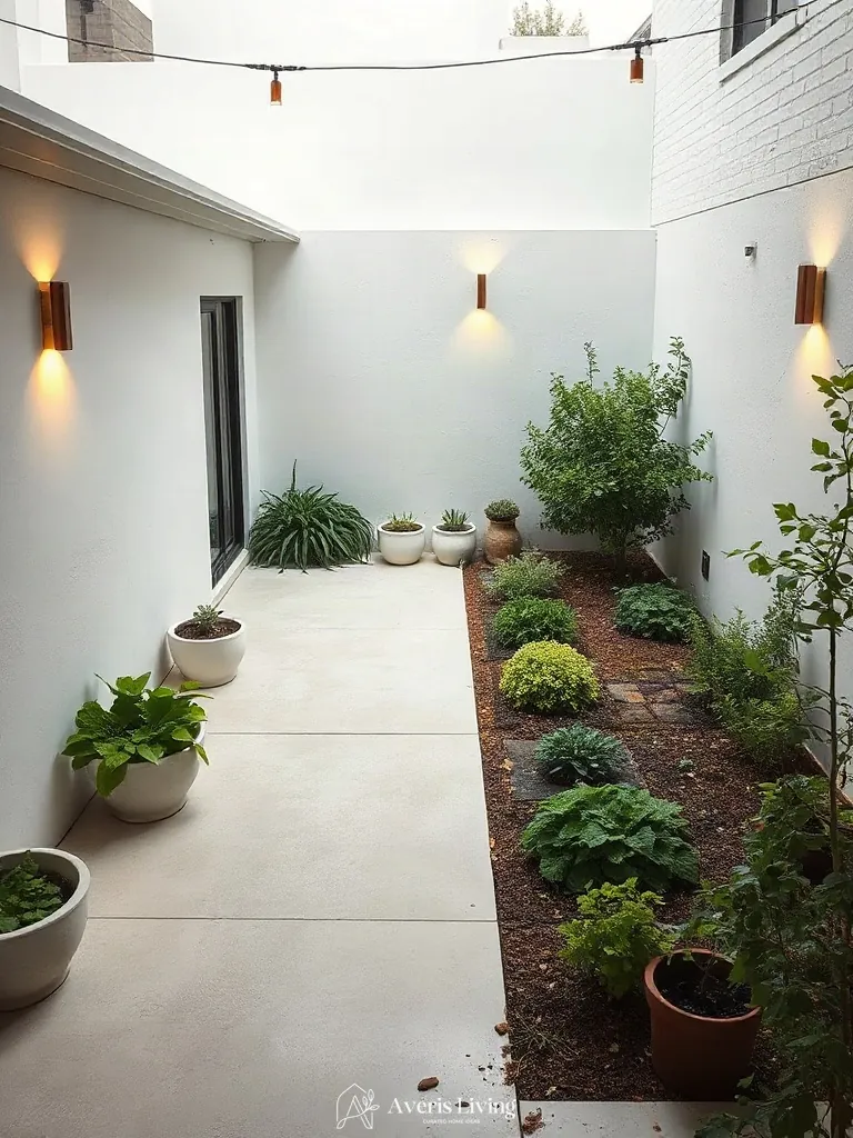 Utility zones integrated into a sleek no grass backyard vegetable garden layout