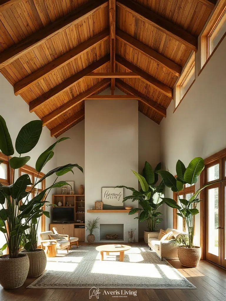 Vertical height integration with tall indoor plants in a boho living room