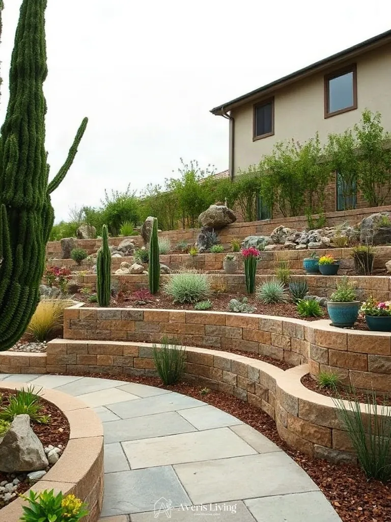 Retaining wall integrated with surrounding landscape borders