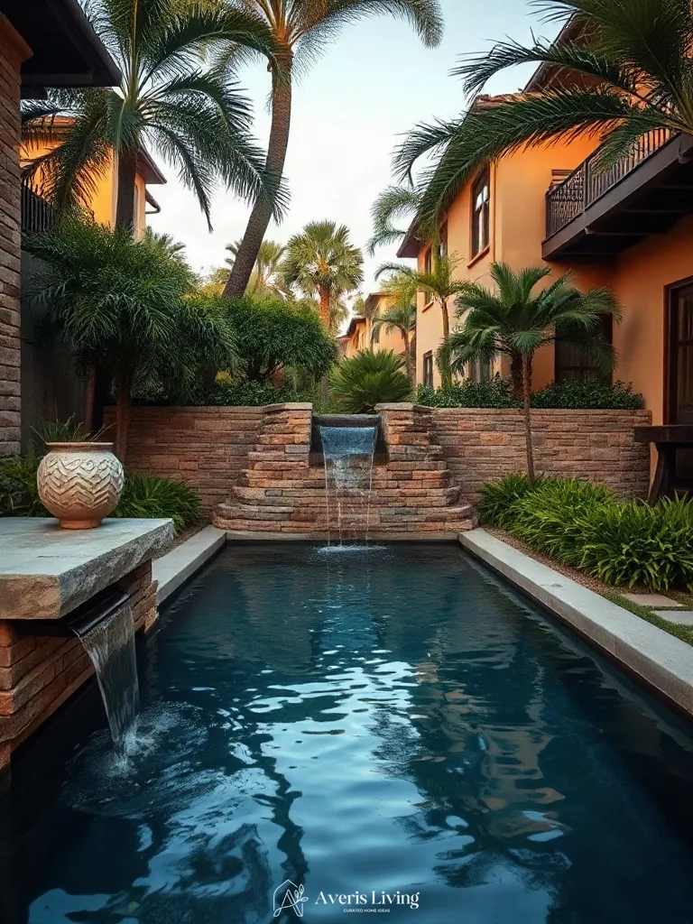 Water feature integrated into a tropical backyard retaining wall