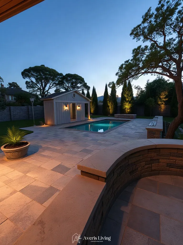 Interlocking stone paver patterns surrounding a luxury backyard shed before and after
