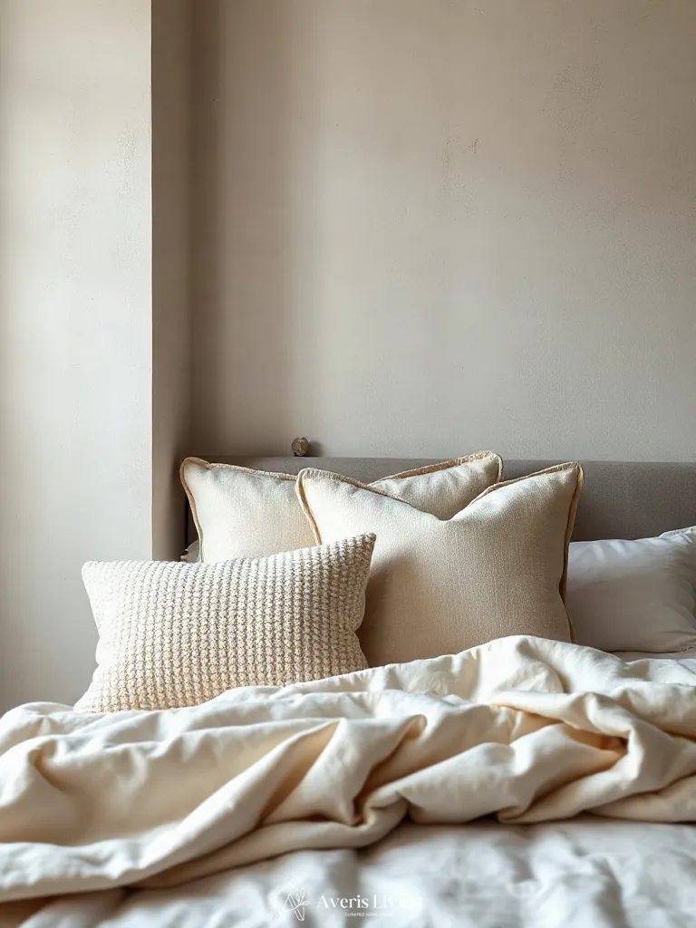 Bouclé pillows and neutral farmhouse bedding sets showcasing tactile depth