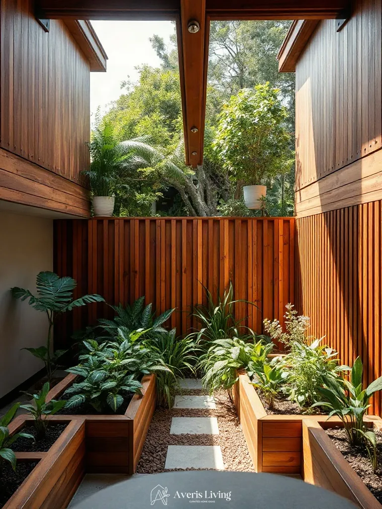 Cedar wood planters in a tropical backyard herb garden before and after