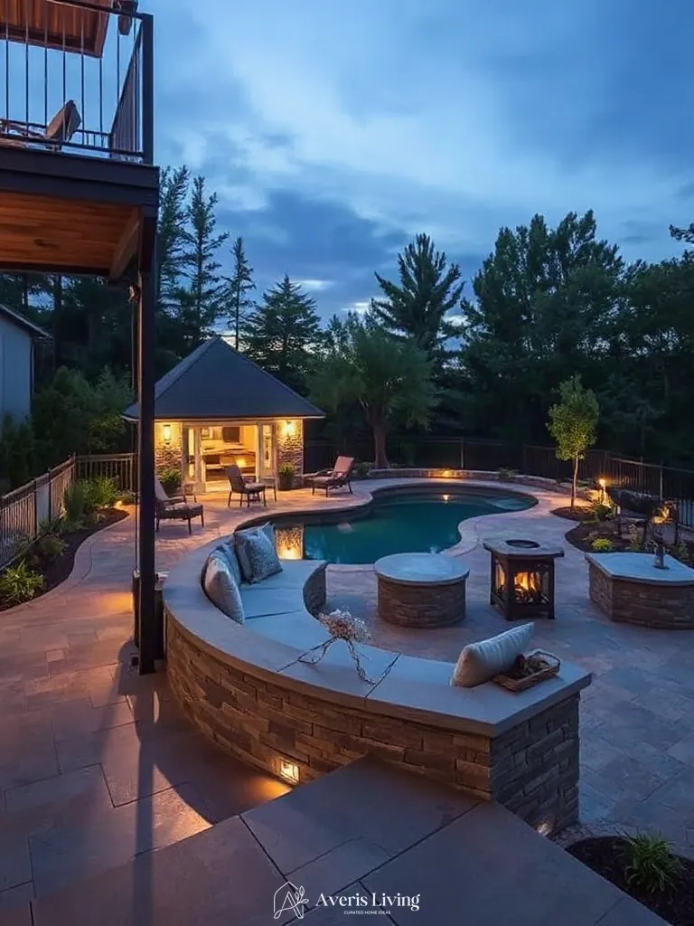 Inviting outdoor gathering spaces with terraced retaining walls