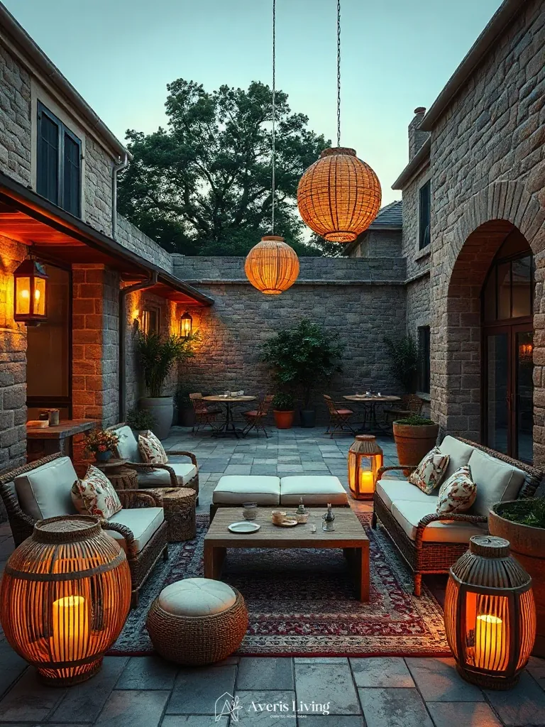Lanterns and warm candlelight enhancing the ambiance of boho patio seating ideas.