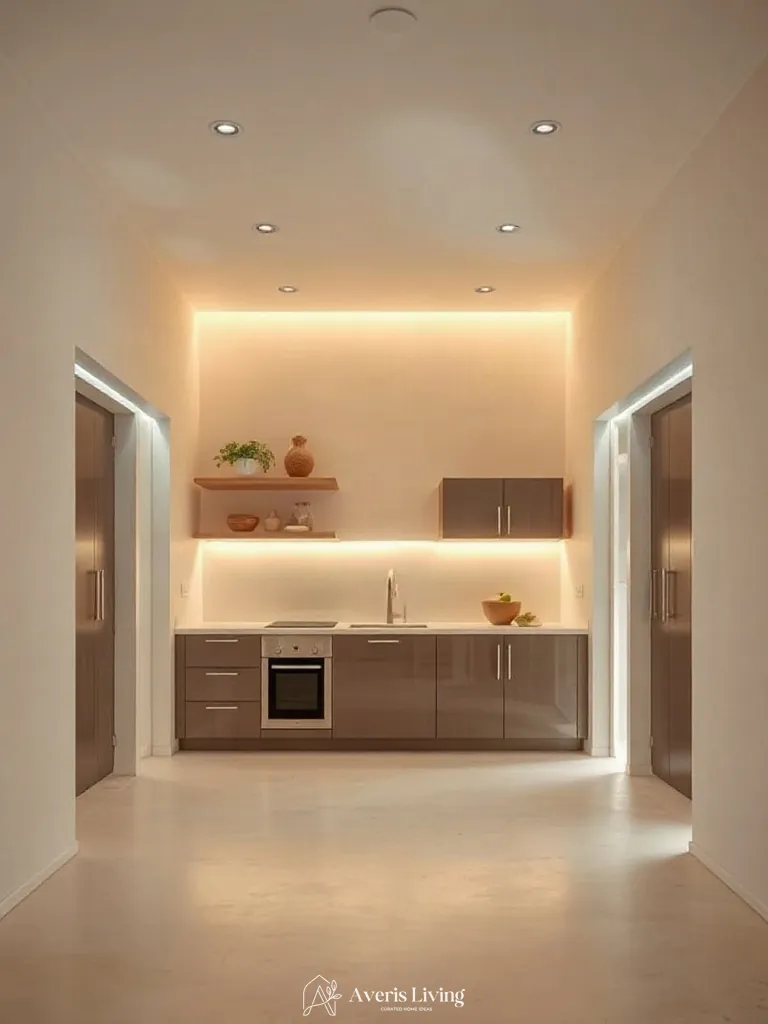 2700K cove lighting illuminating under sink storage solutions kitchen.