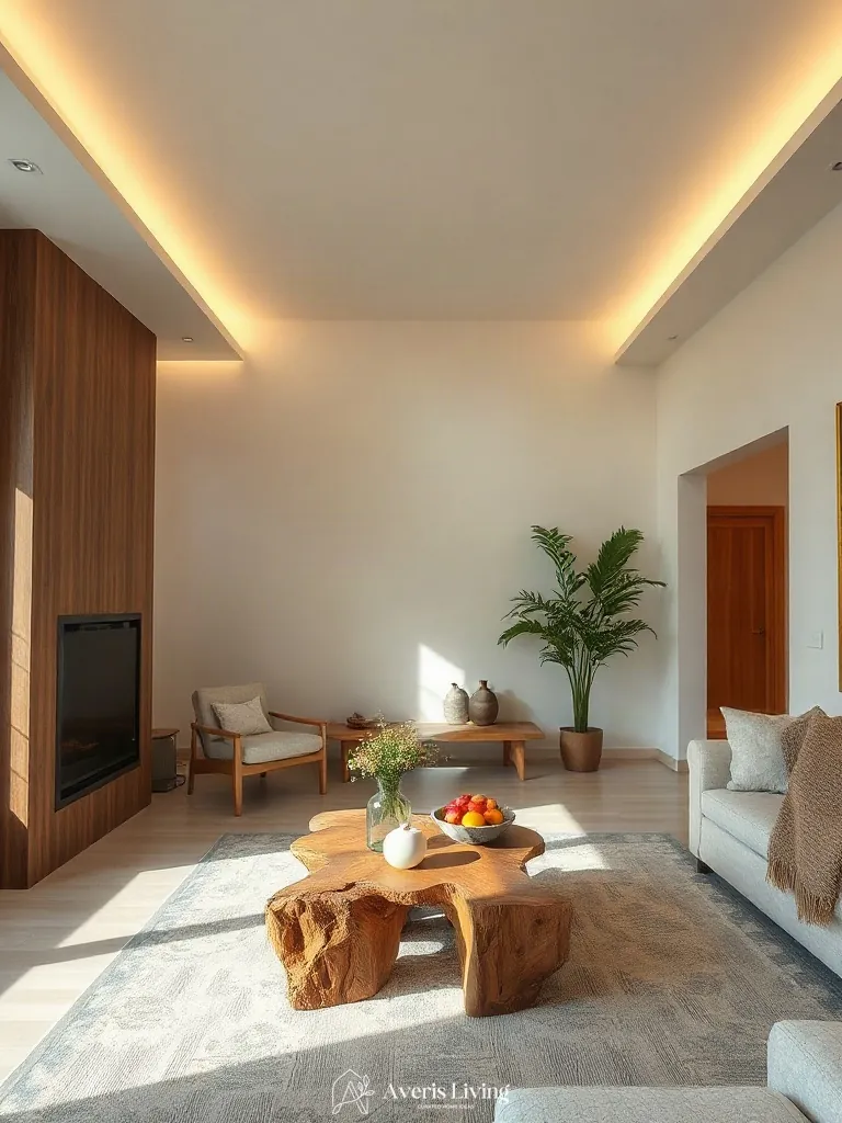 2700K ambient cove lighting illuminating rustic wood coffee table ideas