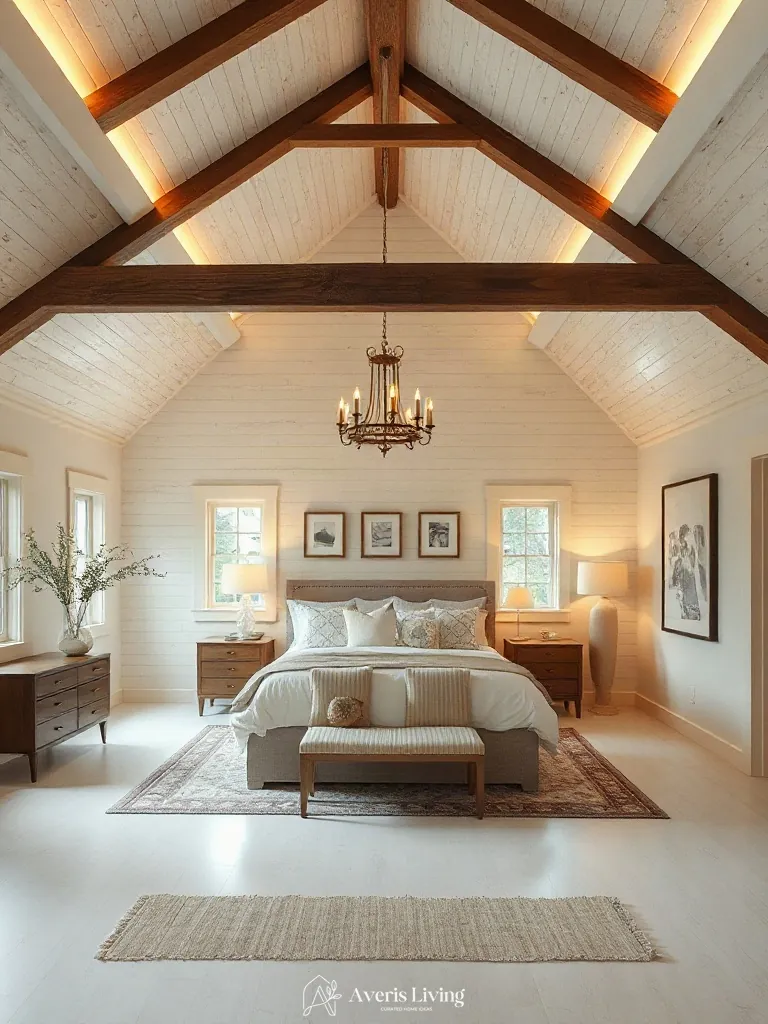Layered 2700K ambient cove lighting in a farmhouse master bedroom aesthetic