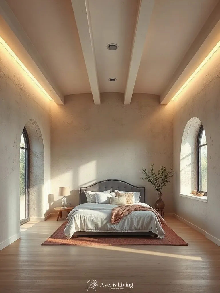 Ambient cove lighting in an earthy boho bedroom aesthetic