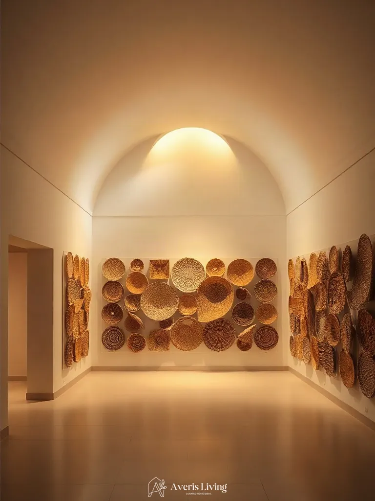 Warm 2700K cove lighting illuminating a woven basket wall display.