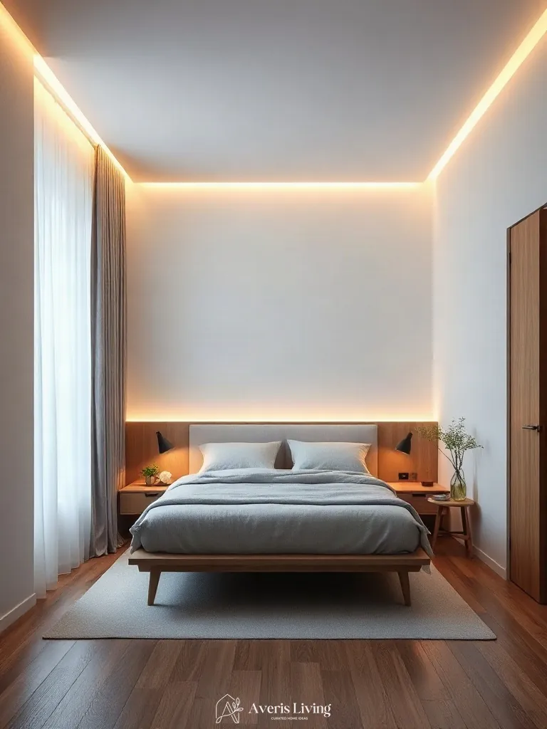 2700K ambient cove lighting illuminating floating nightstands in small bedroom