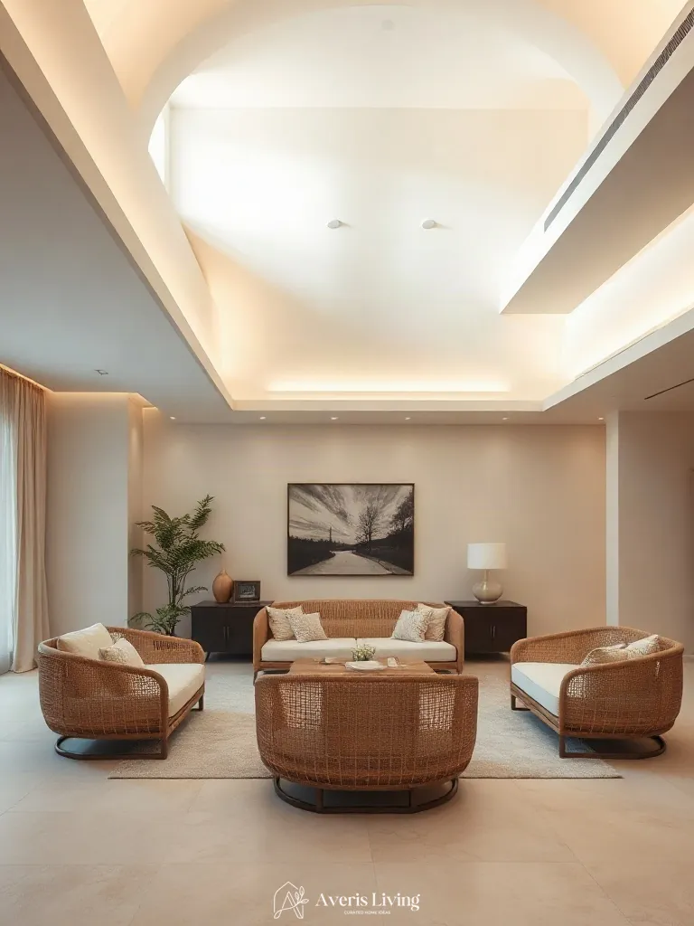 Ambient cove lighting highlighting rattan furniture living room styling