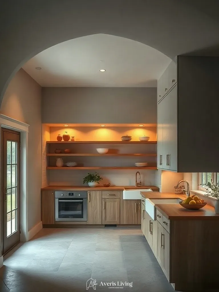 Ambient cove lighting in an open shelving farmhouse kitchen