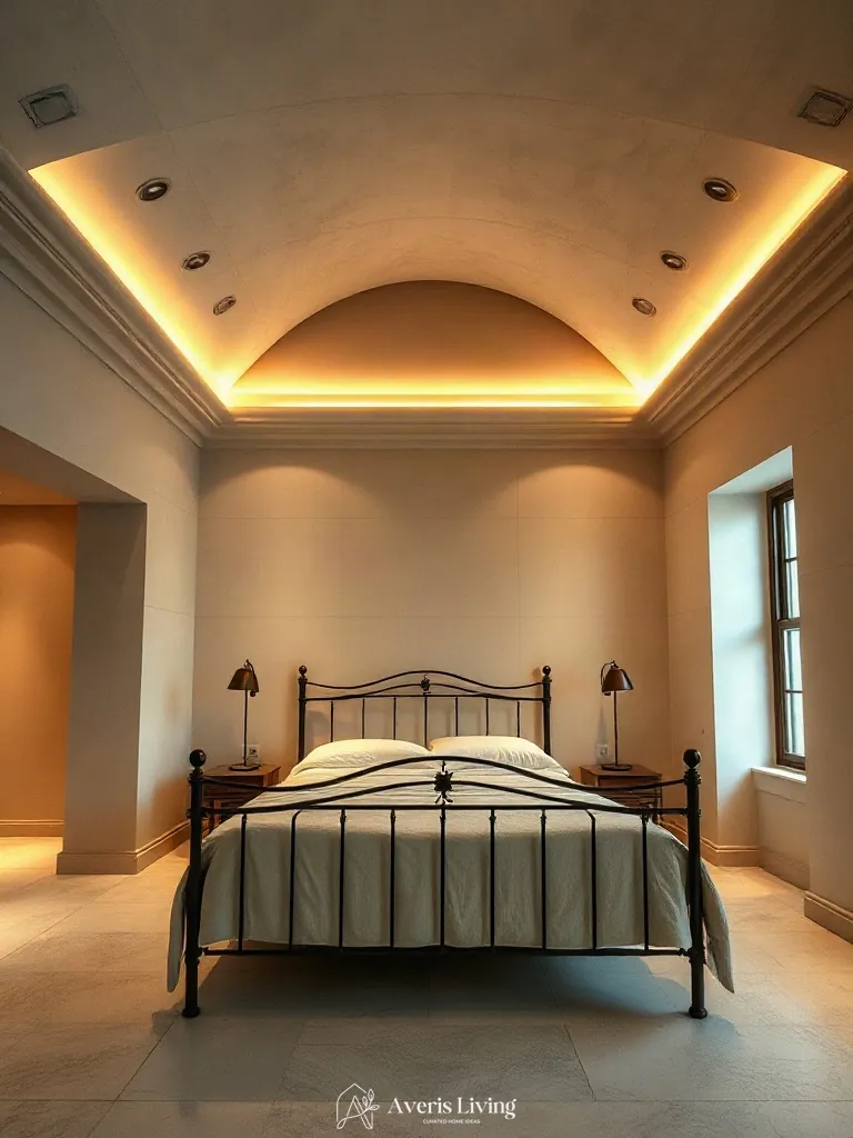 2700K ambient cove lighting illuminating an iron bed frame styling arrangement