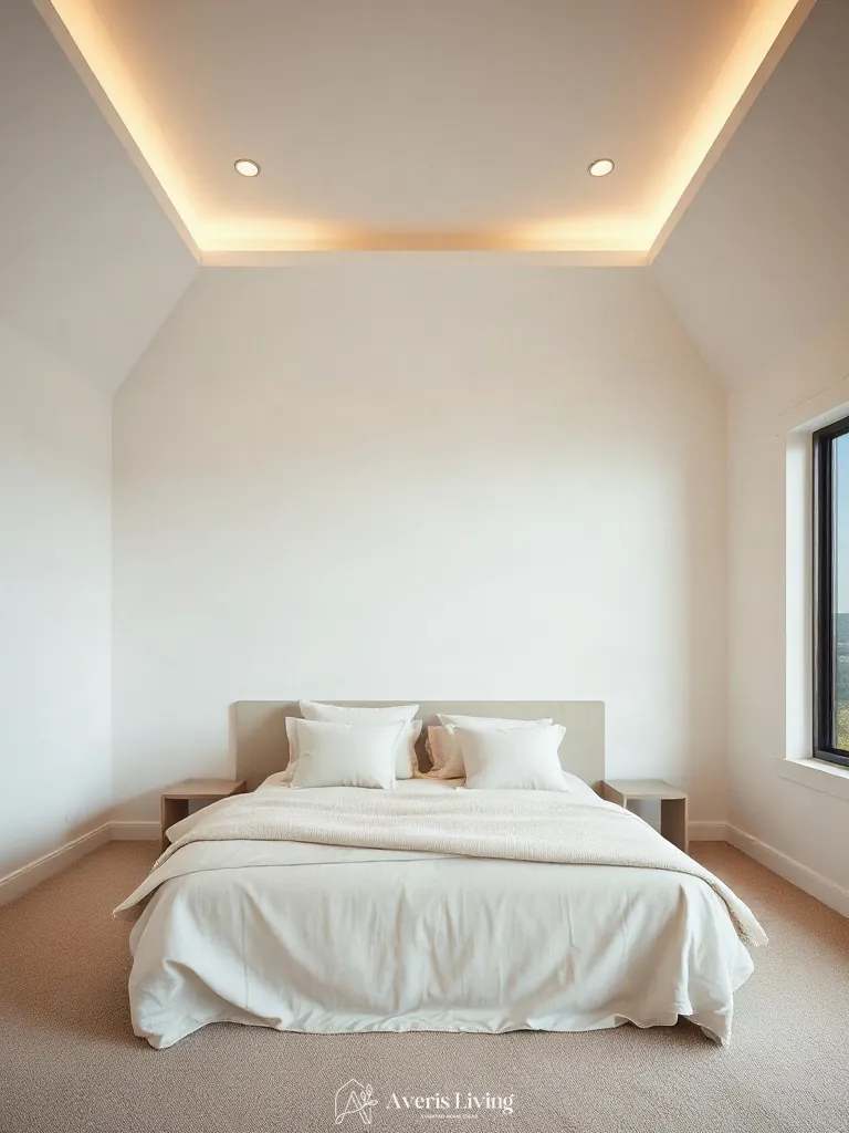 Warm 2700K cove lighting illuminating a bed with neutral farmhouse bedding sets