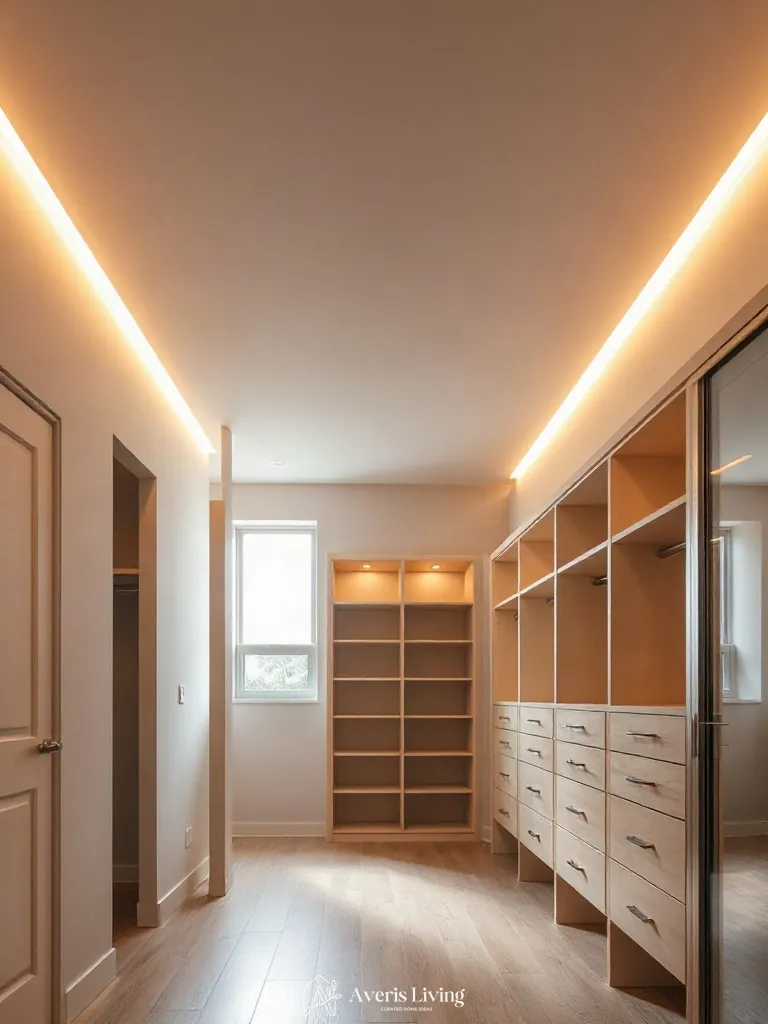 2700K cove lighting illuminating small closet organization systems