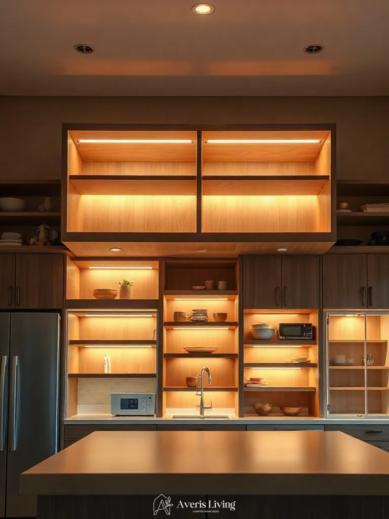 Layered 2700K cove lighting illuminating budget kitchen storage shelves
