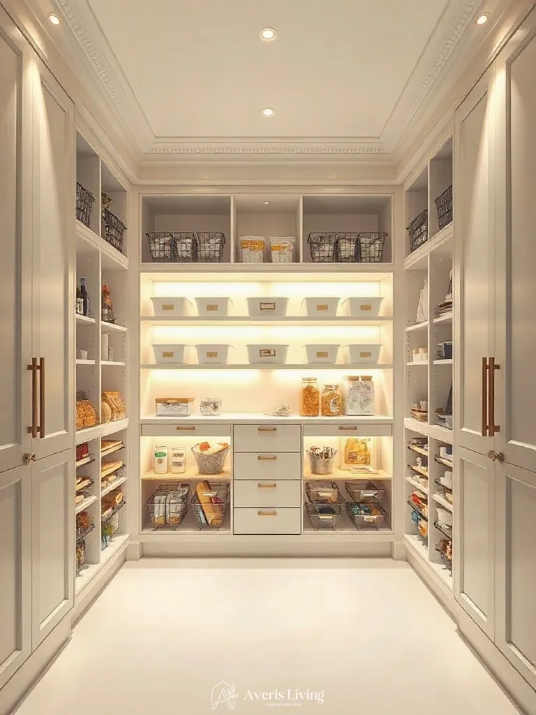2700K ambient cove lighting highlighting pantry organization bins and labels.