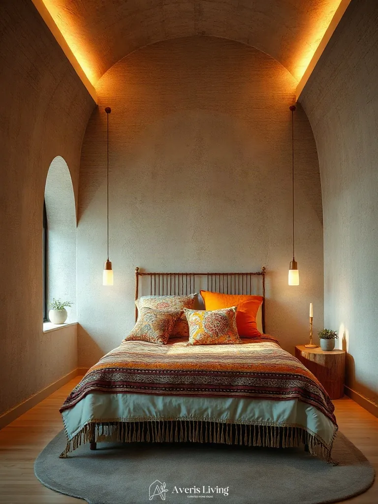 2700K ambient cove lighting illuminating colorful bohemian bedding