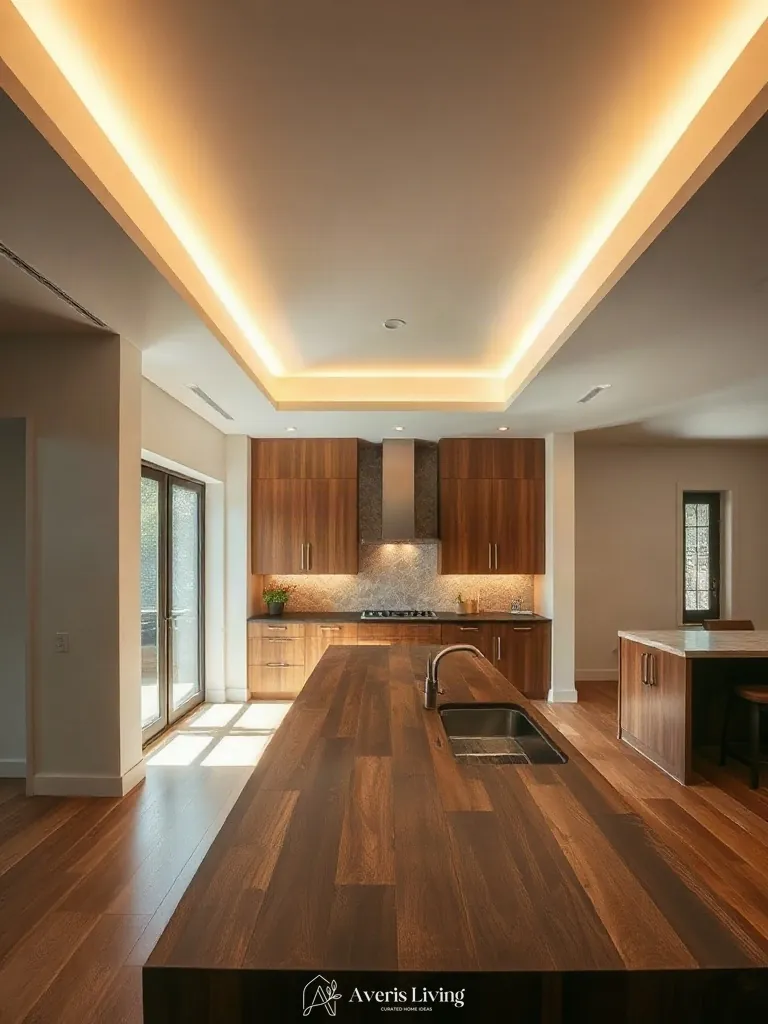 Warm 2700K cove lighting illuminating a rustic wood kitchen island.