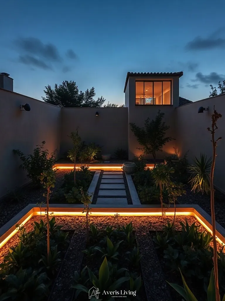 Layered 2700K low-voltage lighting in a no grass backyard vegetable garden layout at twilight