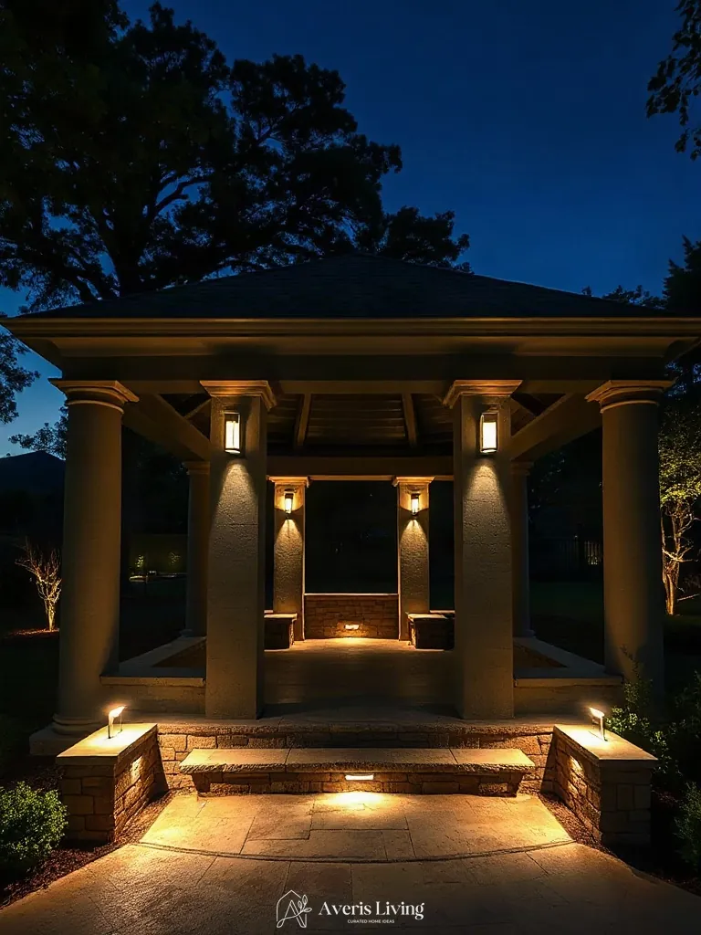 Layered architectural sconces and uplit columns at a backyard gazebo