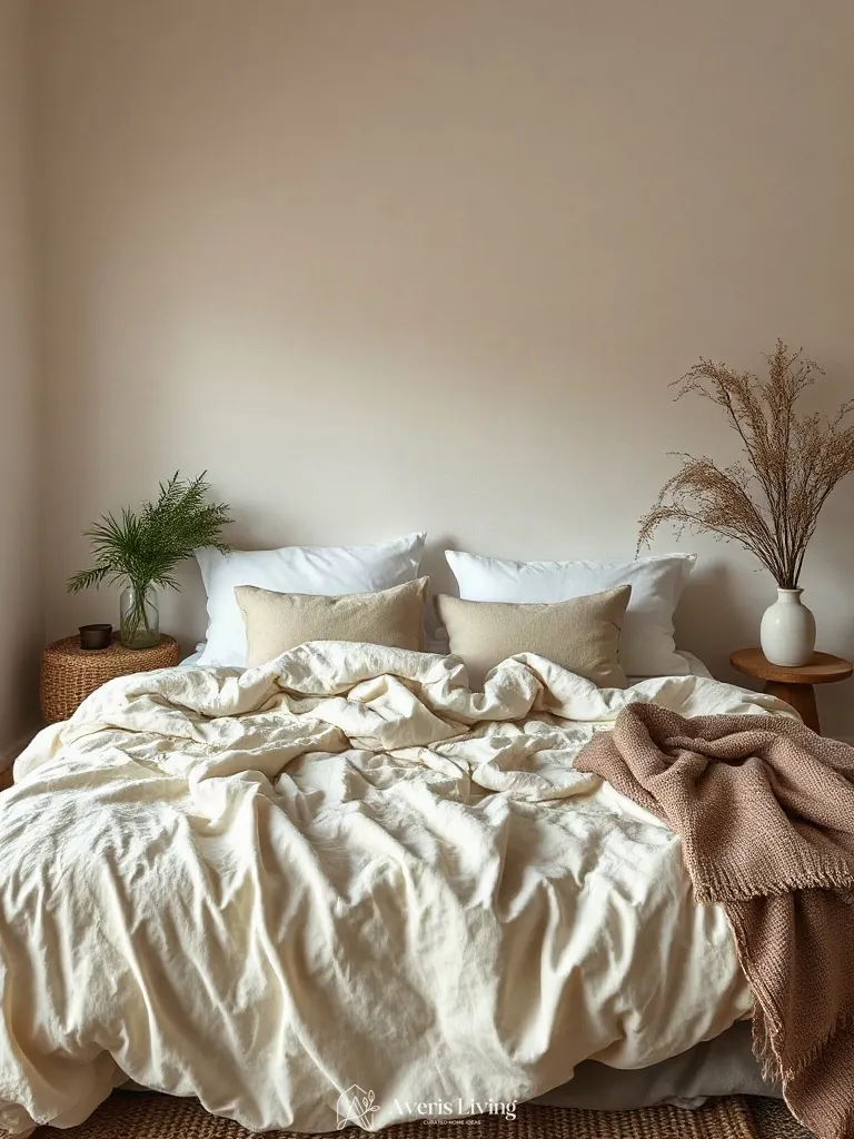 Belgian linen textiles in an earthy boho bedroom aesthetic