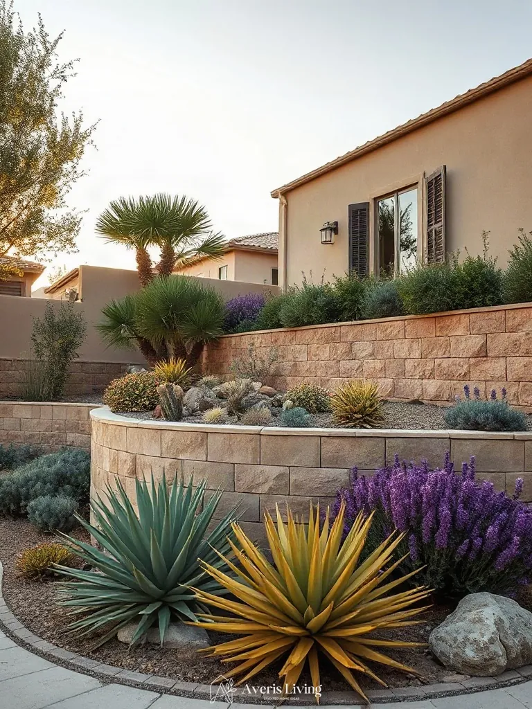 Layered botanical textures against a drought tolerant retaining wall