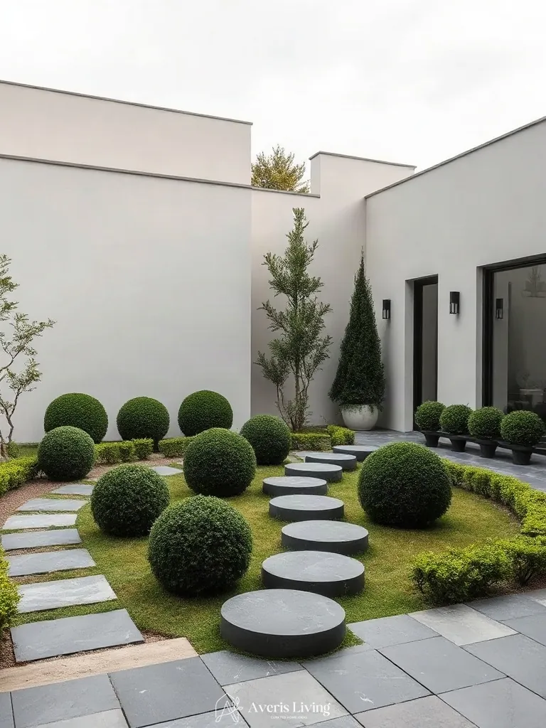 Stepping stones complemented by sculptural evergreen shrubs in the backyard