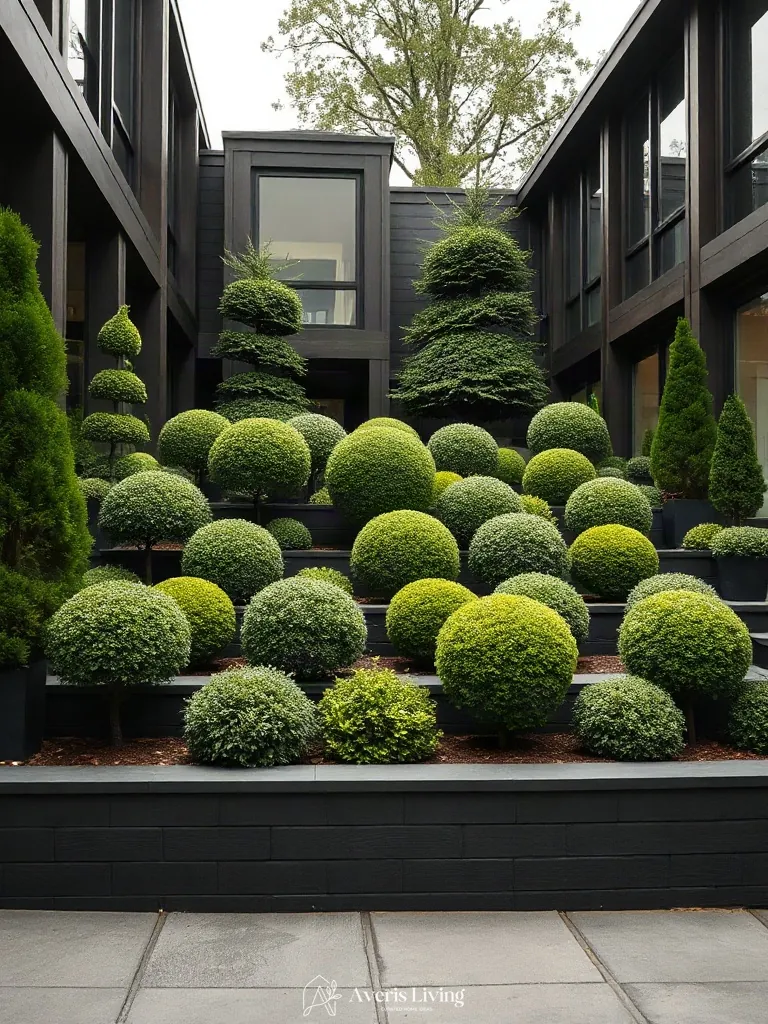 Evergreen shrubs framing tiered modern retaining walls