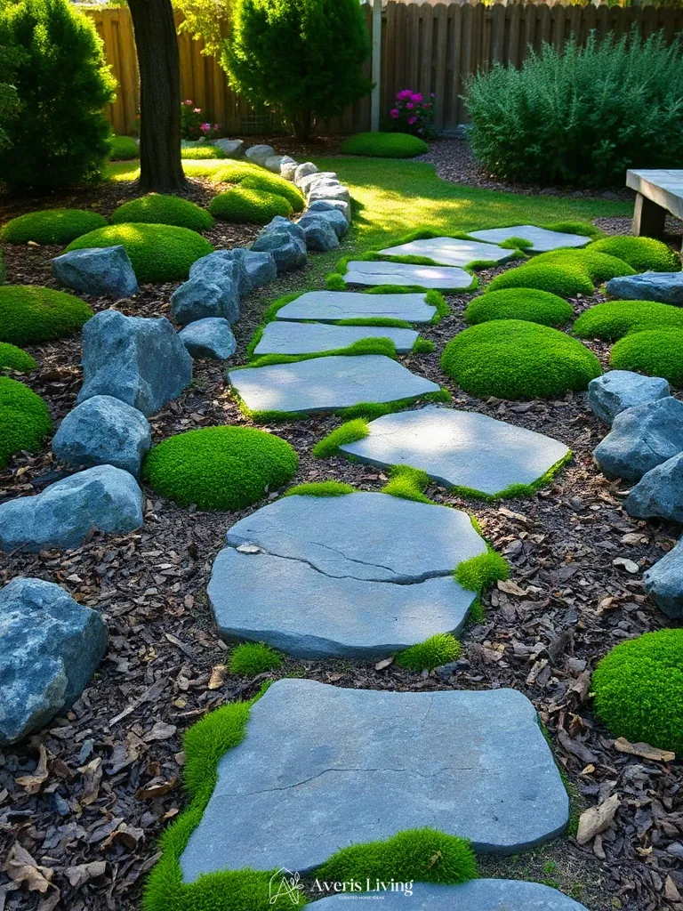 Layered ground covers around shade backyard stepping stones before and after