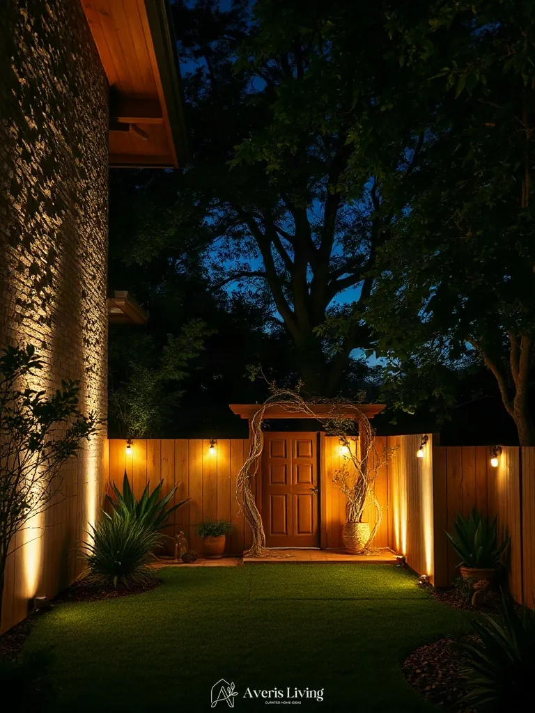 Layered illumination in a cozy backyard privacy fence layout