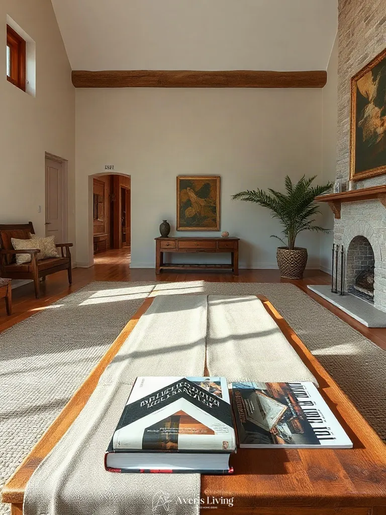 Linen textiles layered on rustic wood coffee table ideas