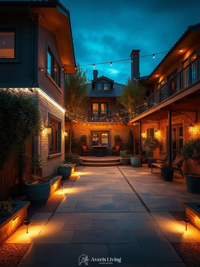 Layered landscape lighting featuring string lights and path fixtures
