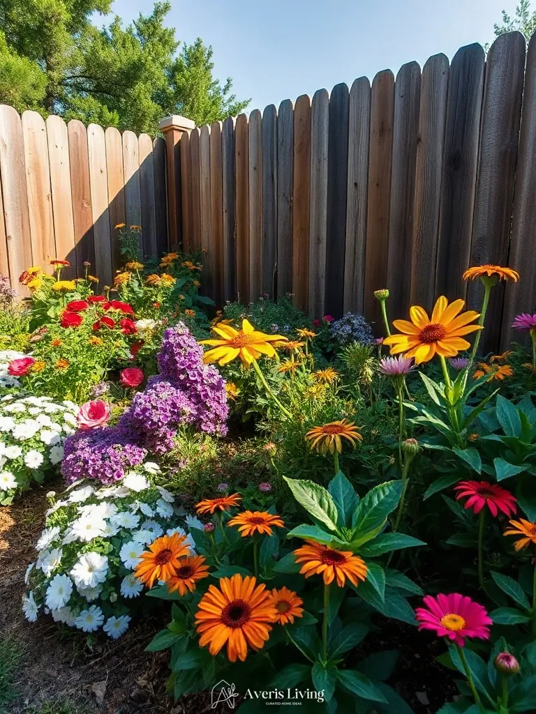 Layered perennial borders along rustic fence