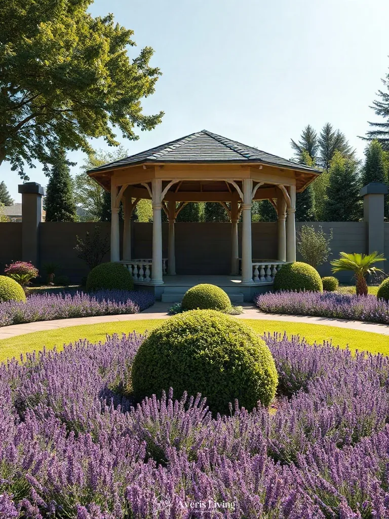 Layered perennial borders completing an aesthetic backyard gazebo design landscape