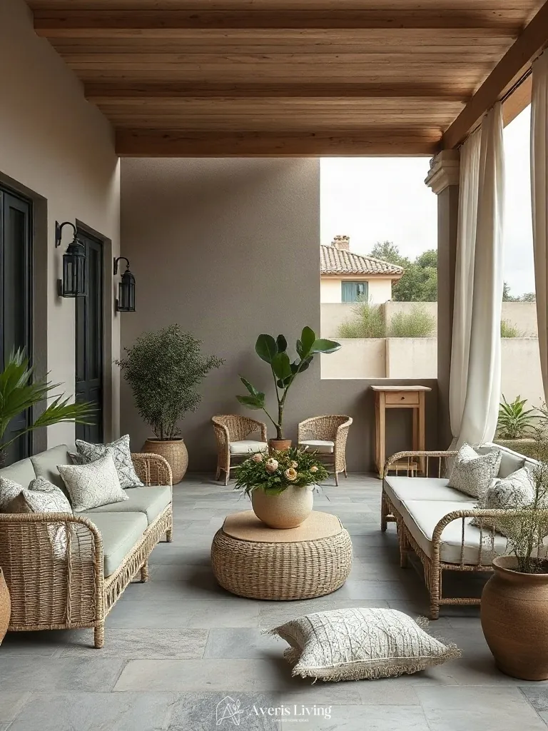 Layered woven textiles and organic surfaces incorporated into boho patio seating ideas.