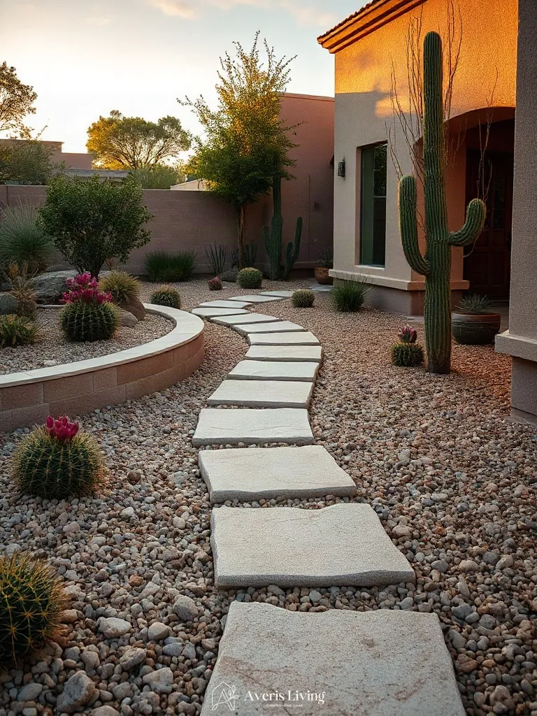 Layered xeriscape plantings surrounding natural stone steps