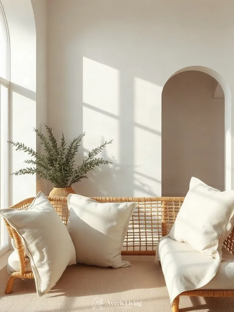 Belgian linen textiles softening rattan furniture living room styling