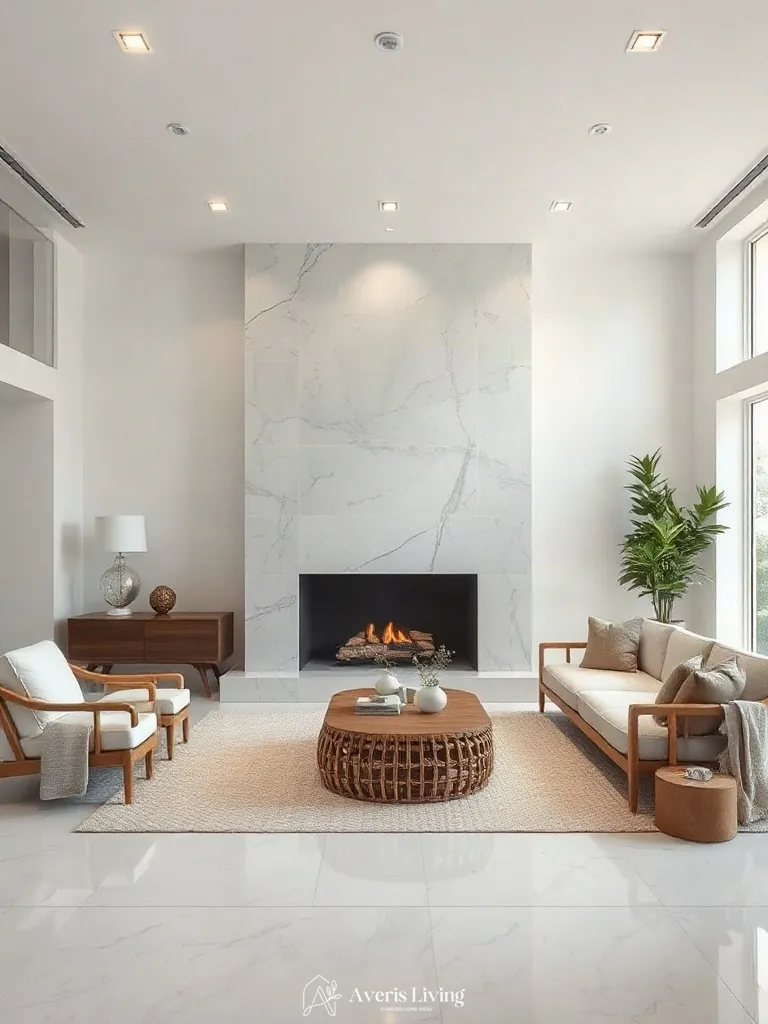 Honed marble fireplace beside sophisticated rattan furniture living room styling