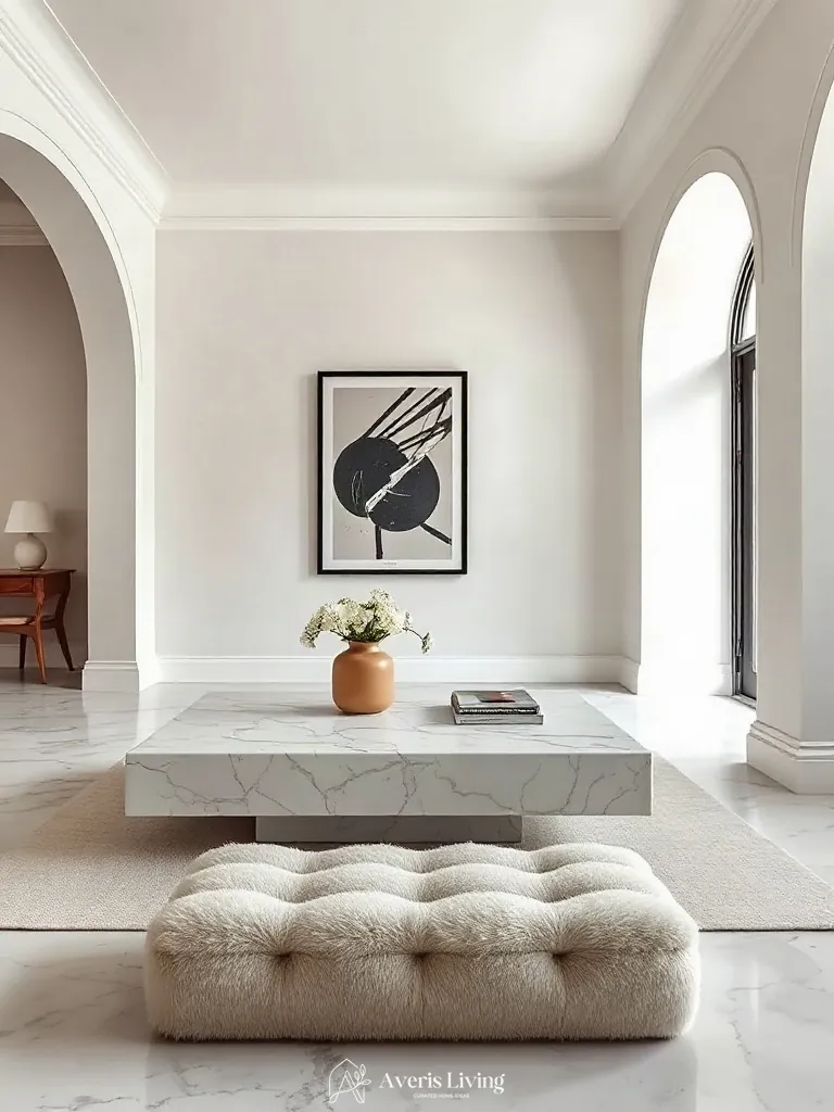 Honed marble surfaces juxtaposed with a plush mohair storage ottoman