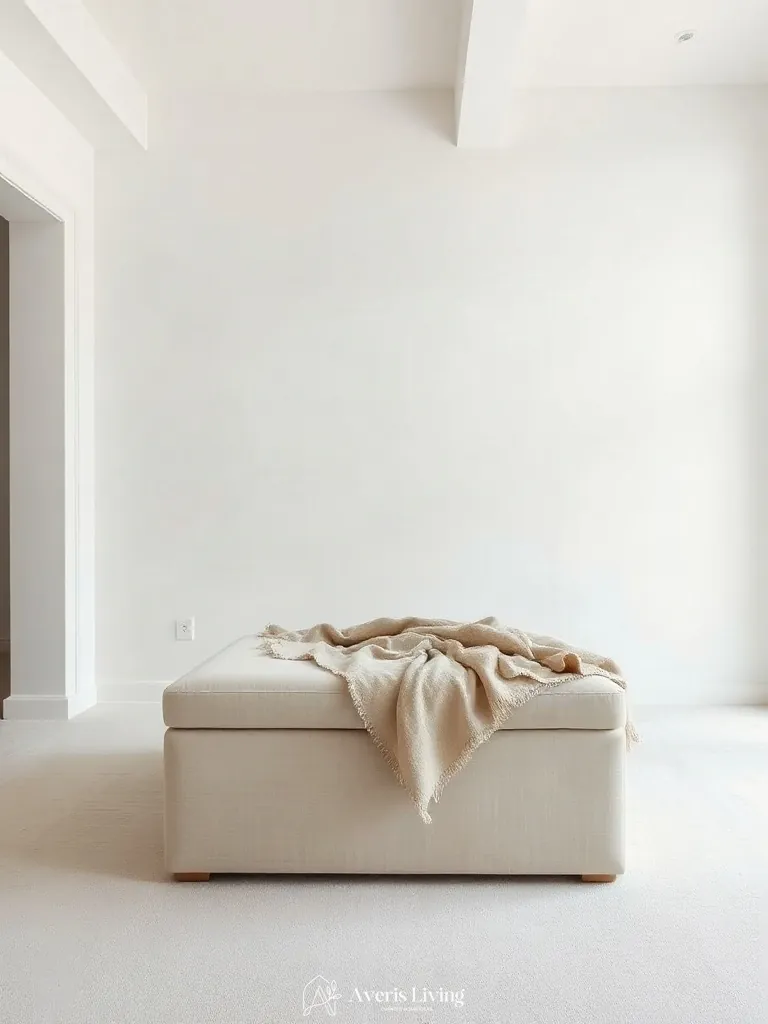 Stonewashed linen throw draped over a large upholstered storage ottoman