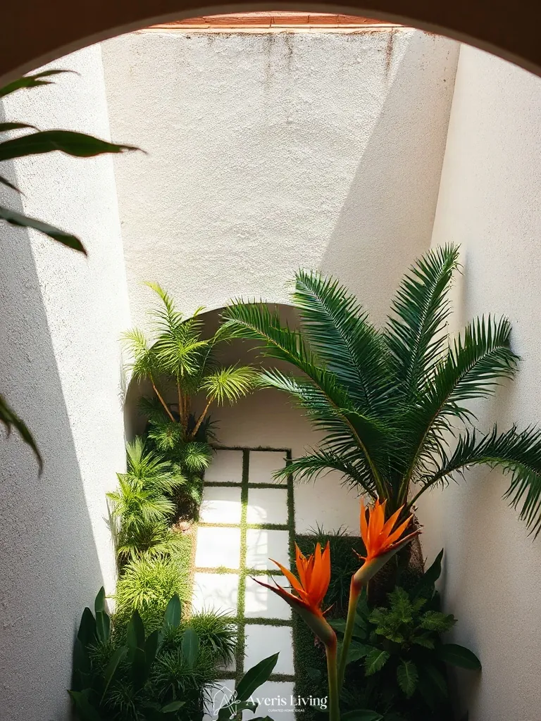 Sculptural tropical foliage in a tropical backyard herb garden before and after