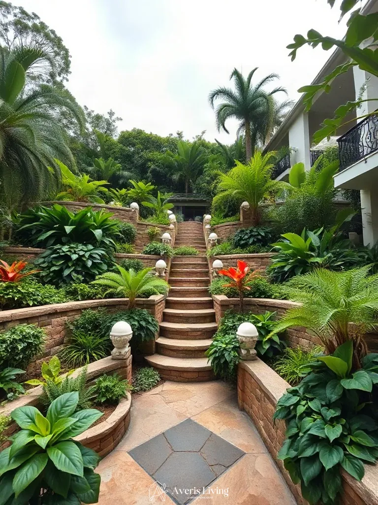 Layered tropical foliage surrounding tiered retaining walls