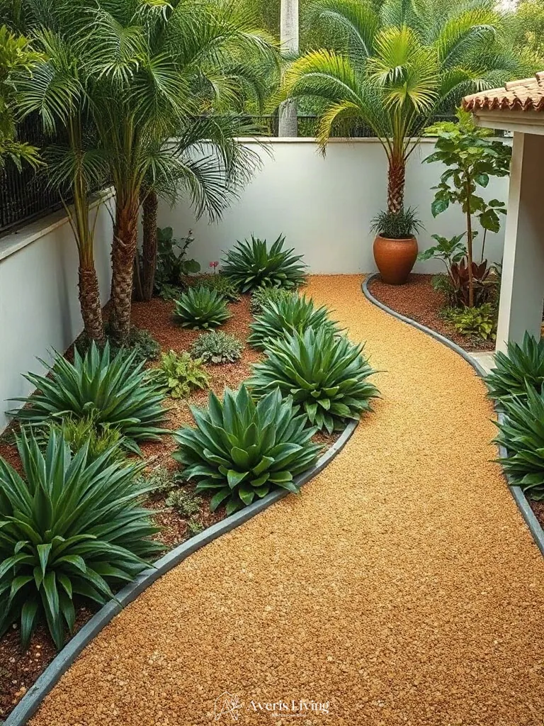 Decomposed granite pathways in a tropical backyard herb garden before and after